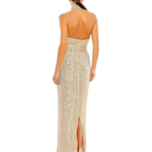 NWT MAC DUGGAL SZ 2 11281 SEQUIN HALTER NECK SOFT TIE DRESS CHAMPAGNE GOLD - Picture 3 of 9
